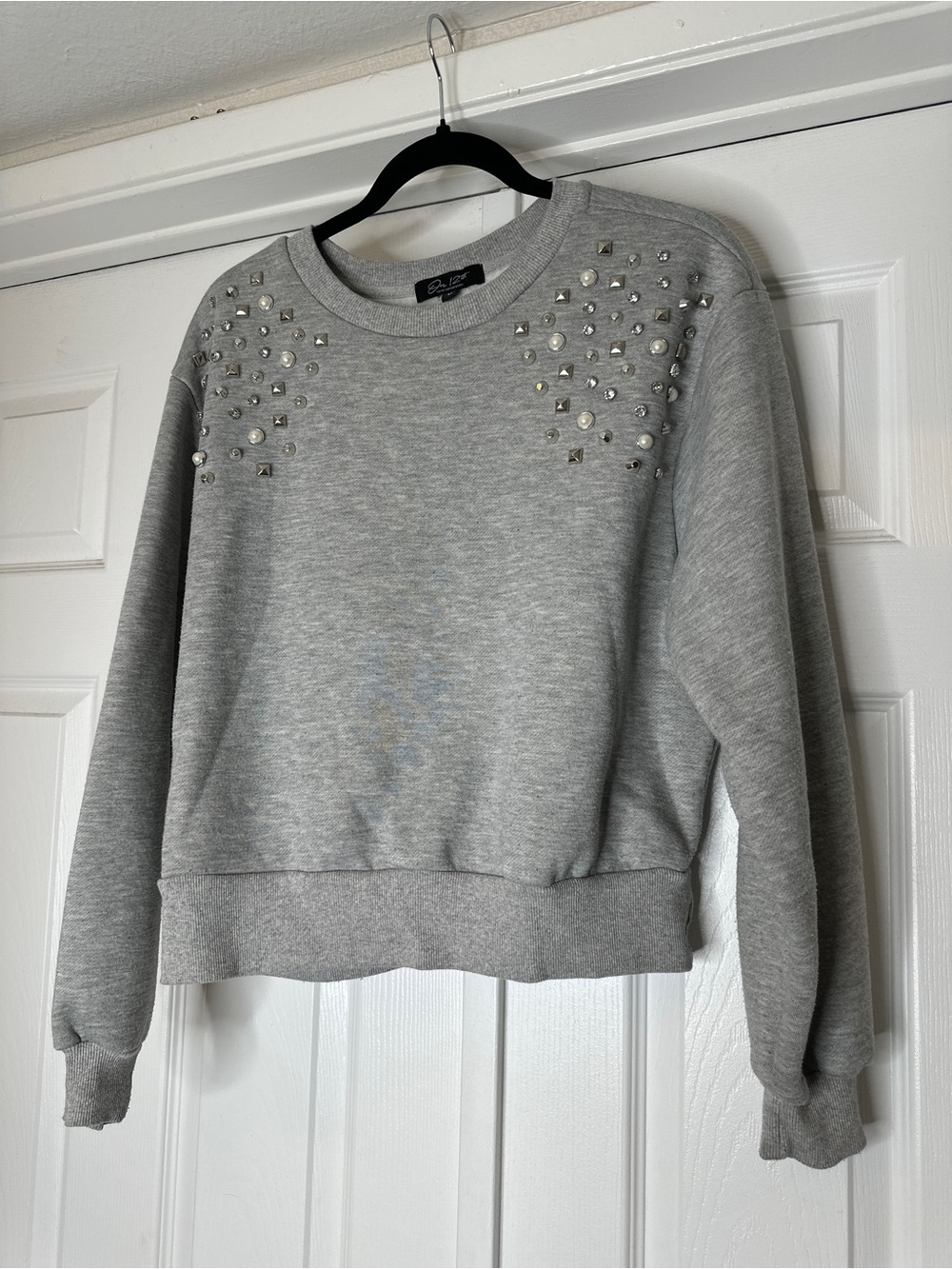 On 12th Embellished Studded Pearl Crewneck Sweatshirt Gray Size Medium